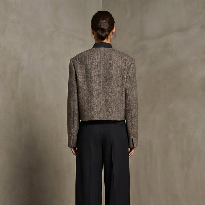 Ladies Short Cut Wool Blazer with Stand-up Collar and Herringbone Pattern Mune Fashion