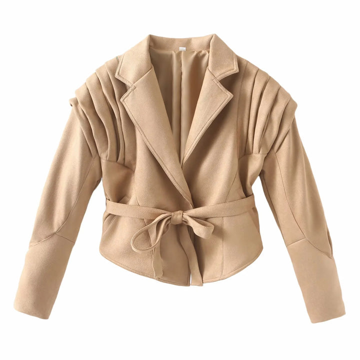 Women's tailored blazer coat with pleated shoulders, shawl collar, and tie belt Mune Fashion