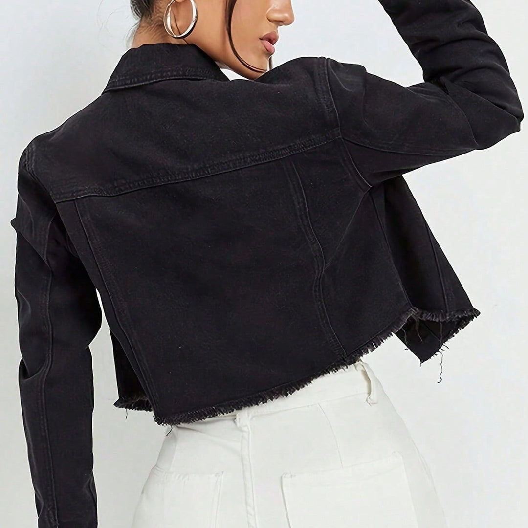 Women Cropped Denim Jacket with Beaded Collar and Raw Fringe Hem Mune Fashion