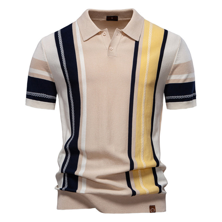 Men's retro-inspired knit polo with vertical intarsia structure and open kent collar Mune Fashion