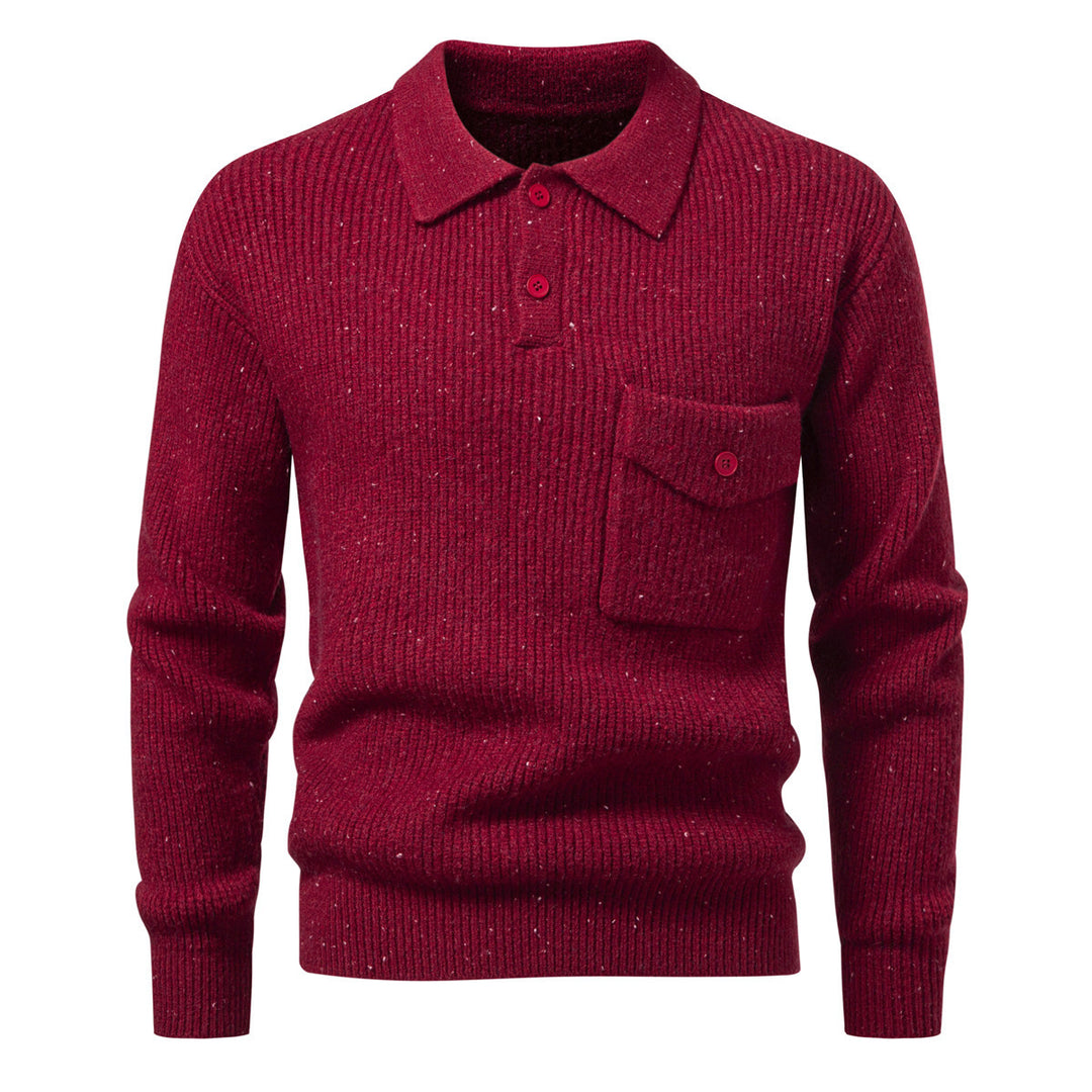 Men's ribbed knit polo collar sweater with patch chest pocket Mune Fashion