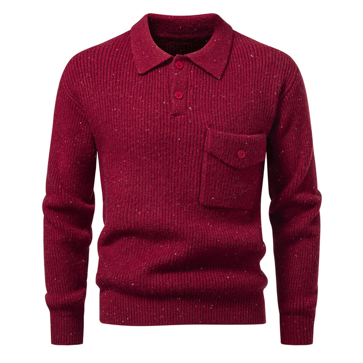 Men's ribbed knit polo collar sweater with patch chest pocket Mune Fashion