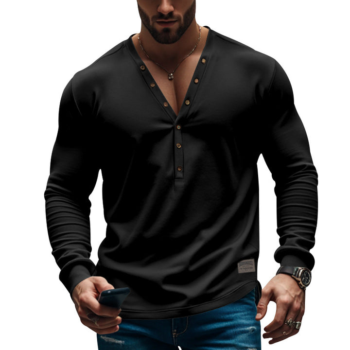 Men's tailored long-sleeve Henley shirt with deep V-neck and reinforced placket Mune Fashion