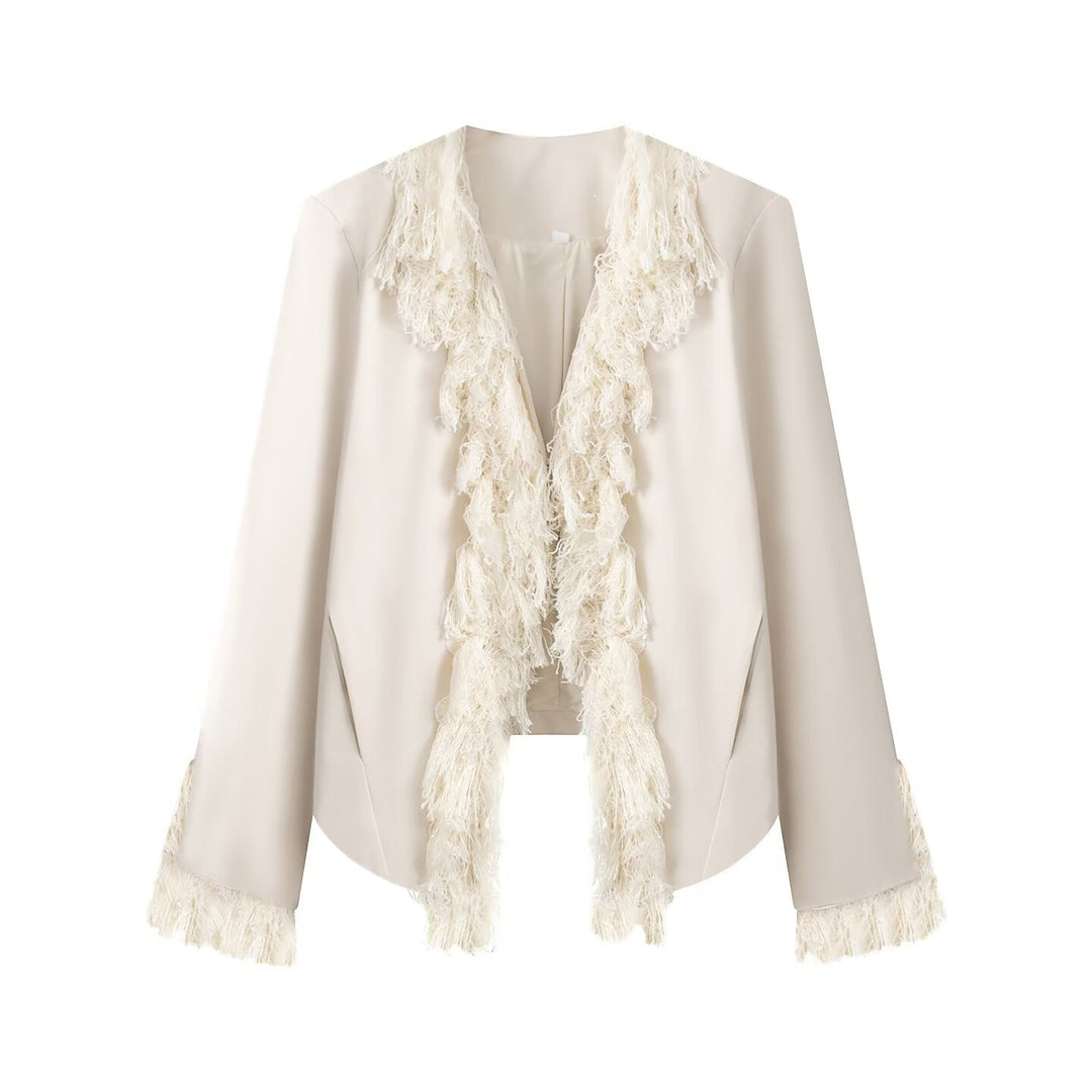 Women's short blazer with fringe and feather embellishment in open cut Mune Fashion