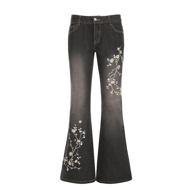 Ladies' tailored flared jeans with floral embroidery, stretch denim, and five-pocket cut Mune Fashion