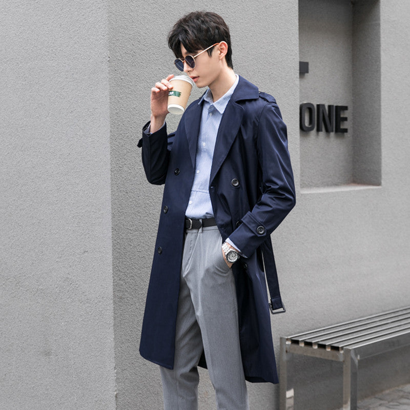 Men's Elegant Knee-Length Trench Coat Made of Lightweight Functional Fabric with Waist Belt Mune Fashion