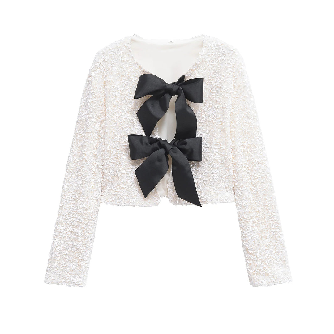 Women's sequin bolero jacket with double bow closure, padded lining and fitted cropped cut Mune Fashion