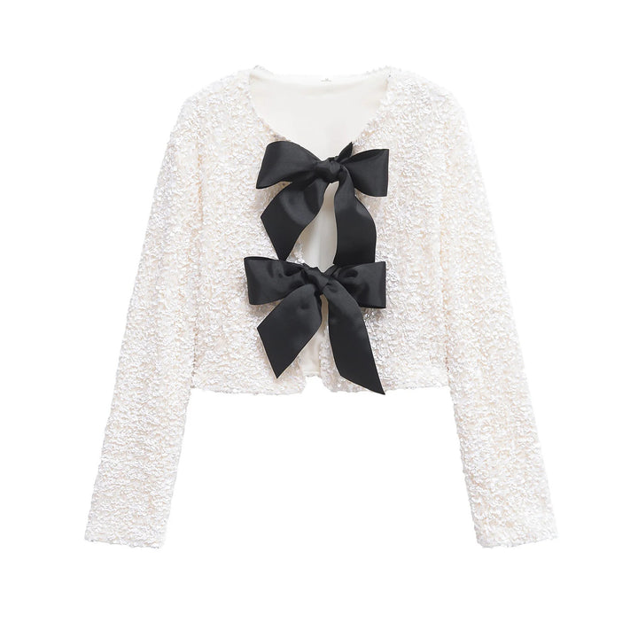 Women's sequin bolero jacket with double bow closure, padded lining and fitted cropped cut Mune Fashion