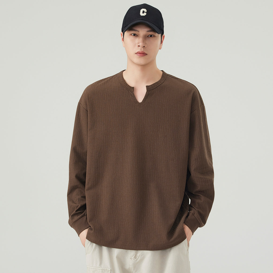 Men's Loose Long Sleeve Shirt with V-Notch Collar and Textured Cotton Blend Mune Fashion