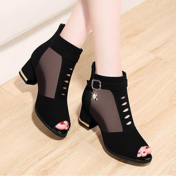 Women's Peep-Toe Ankle Boot with Transparent Mesh Inserts, Cut-Out Details, Decorative Buckle and Medium Block Heel Mune Fashion