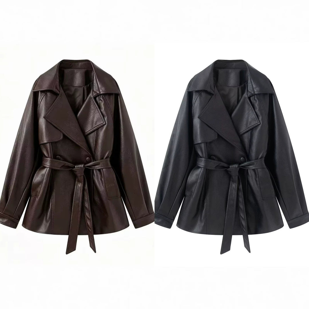 Women Tailored Short Trench in Synthetic Leather with Tie Belt Mune Fashion