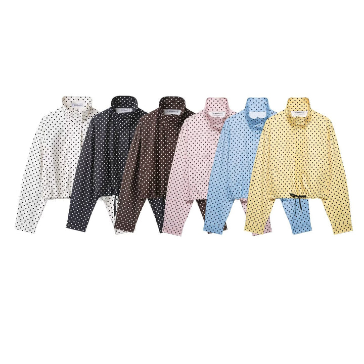 Women's Cropped Transition Jacket with Polka Dot, High Funnel Collar and Drawstring Mune Fashion