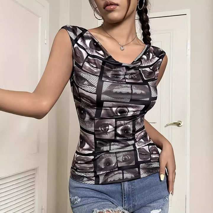 Women's tailored sleeveless jersey top with waterfall collar and collage-style face print Mune Fashion