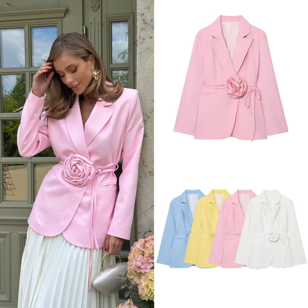 Women's tailored blazer with decorative rose appliqué and tie belt Mune Fashion