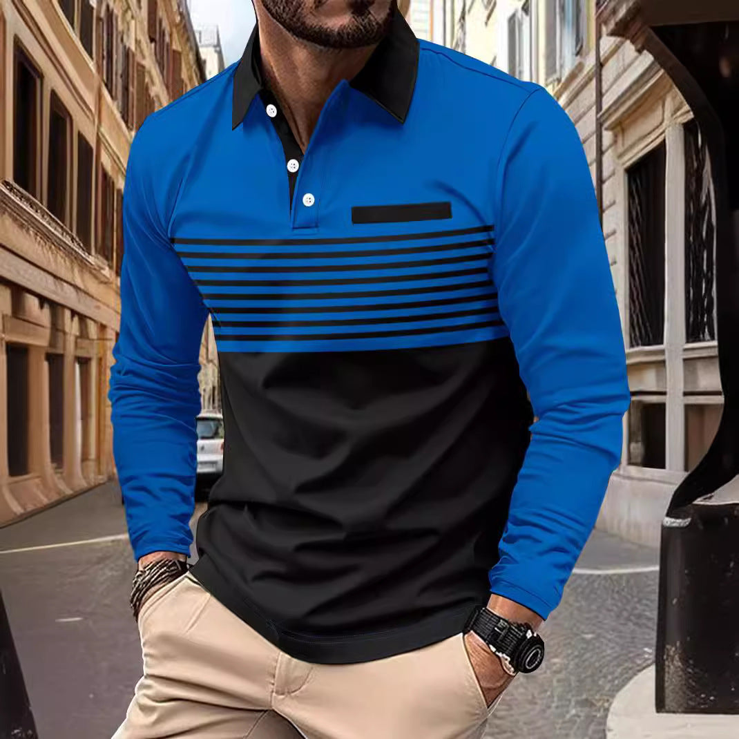 Men's long-sleeved polo shirt with contrasting shirt collar, subtle chest piping and fine stripe relief Mune Fashion