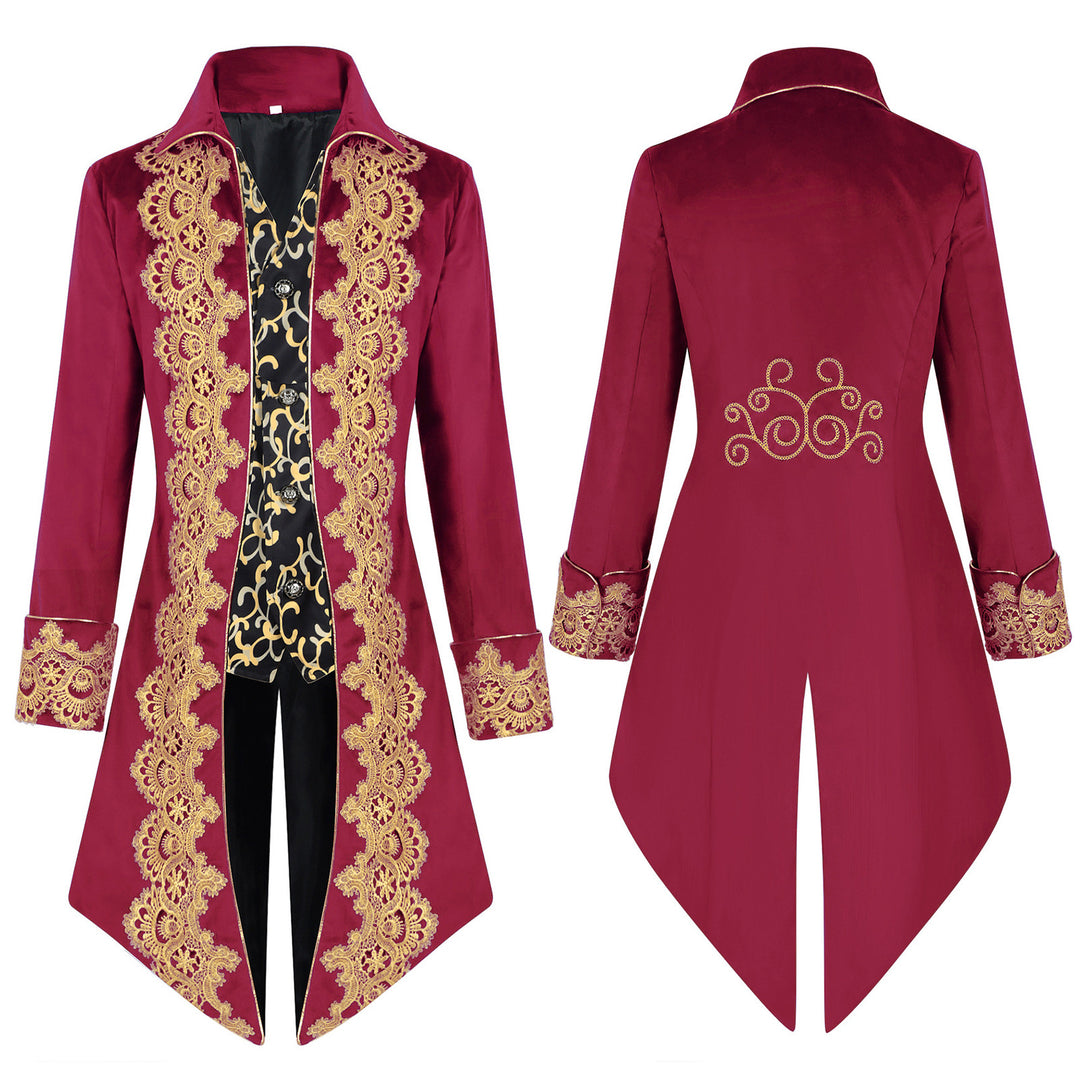Men's opulent tailcoat with golden lace embroidery and curved swallowtail section Mune Fashion