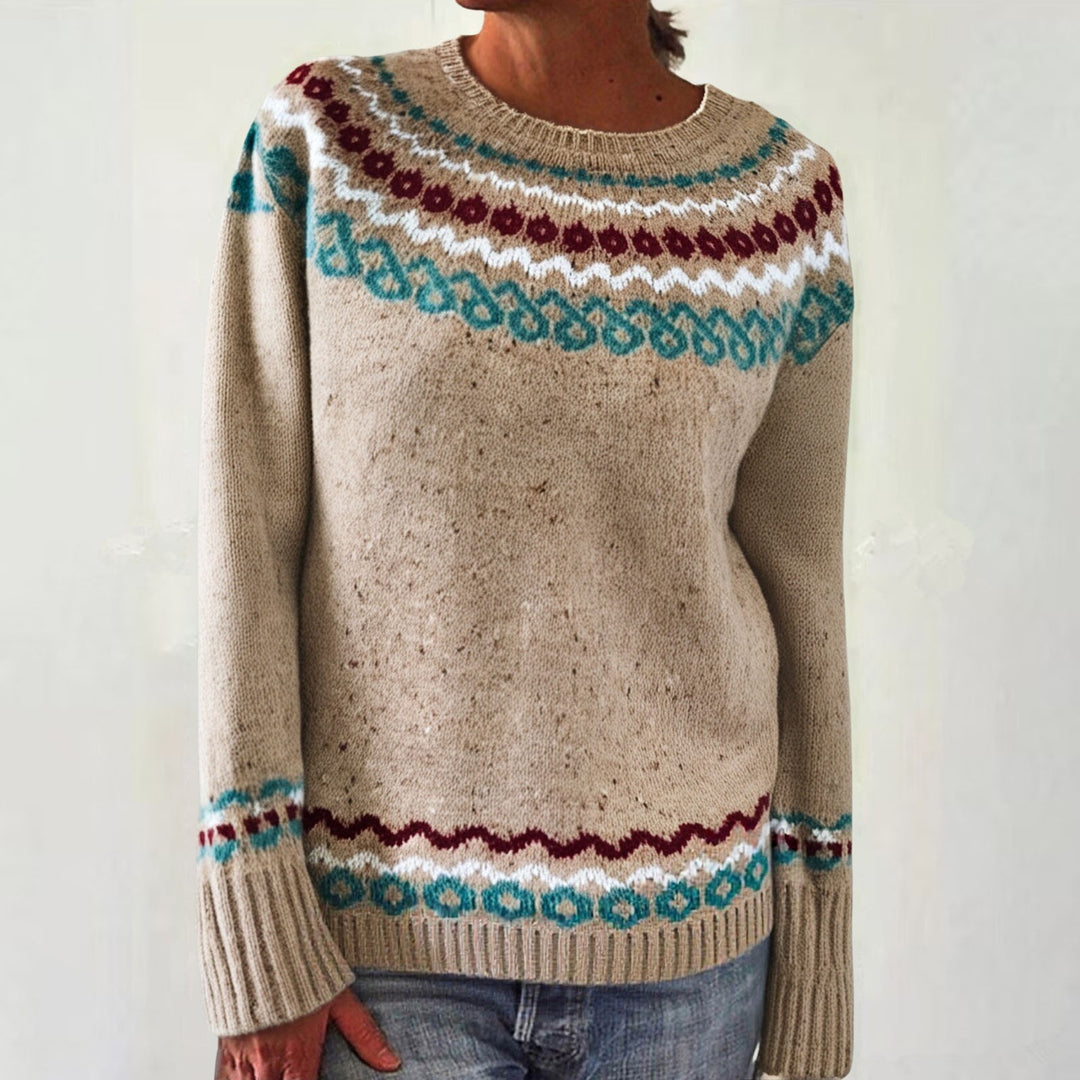 Women's Norwegian sweater made of wool blend with round neck and traditional Fair Isle yoke Mune Fashion