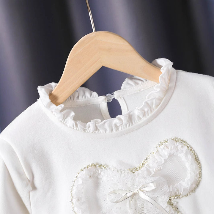 Women Long Sleeve Shirt with Playful Ruffle Design and Decorative Flower Motif Mune Fashion