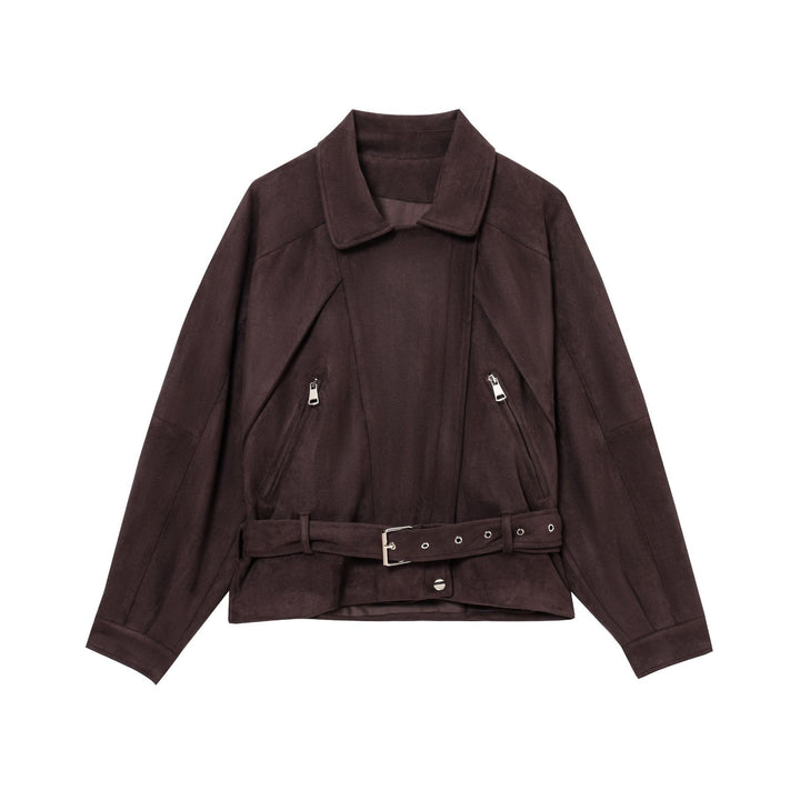 Women Short Suede Look Trench Coat with Waist Belt and Zipper Details Mune Fashion