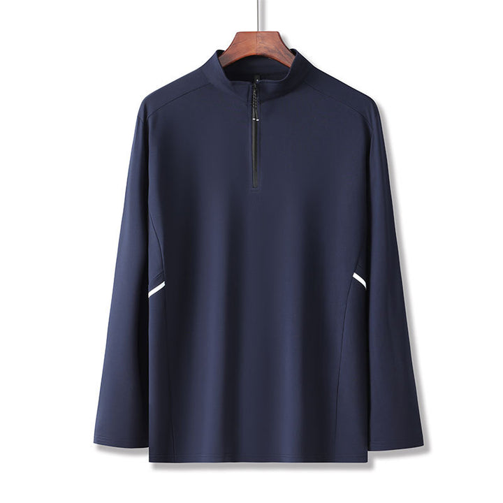 Men's Lightweight Sporty Long Sleeve Polo Shirt with Short Zipper and Stand-Up Collar Mune Fashion
