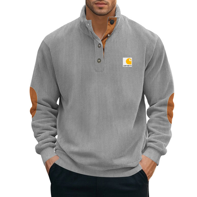 Men's knitted pullover in Troyer style with stand-up collar leather trim snap button placket and elbow patches Mune Fashion