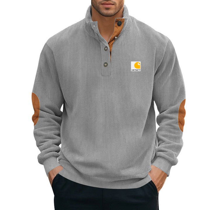 Men's knitted pullover in Troyer style with stand-up collar leather trim snap button placket and elbow patches Mune Fashion
