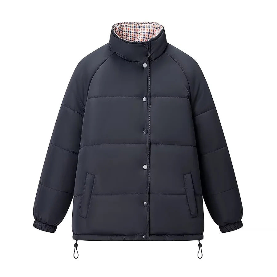 Women's oversized padded jacket with checkered lining, stand-up collar and drawstring hem Mune Fashion