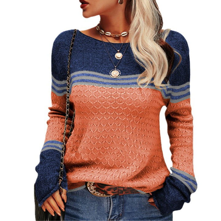 Women’s casual knitted pullover with textured pattern, boat neckline and contrasting cuffs Mune Fashion