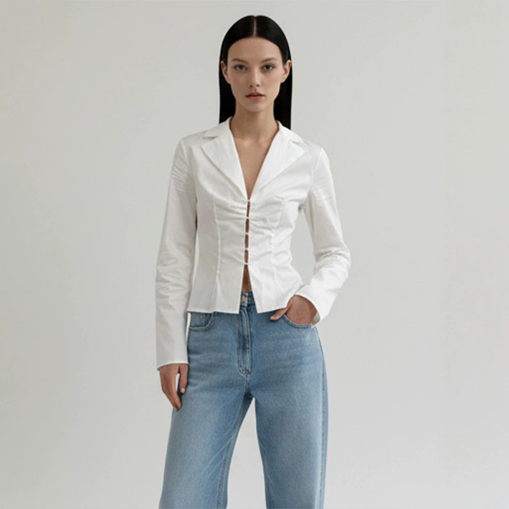 Women's Tailored Poplin Shirt Blouse with Corset Seams & Hook Front Mune Fashion