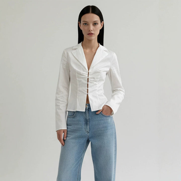 Women's Tailored Poplin Shirt Blouse with Corset Seams & Hook Front Mune Fashion