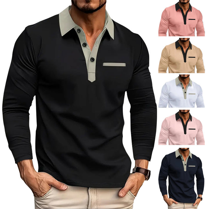 Men's stretchy long-sleeve polo with contrasting button placket and chest panel Mune Fashion