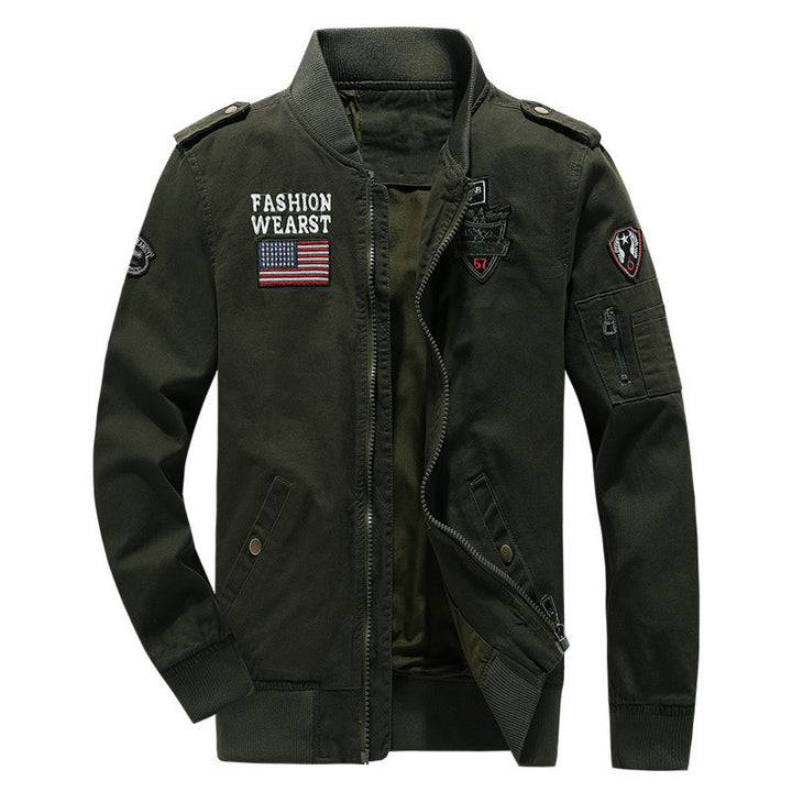 Men's Canvas-Field-Bomber Jacket with Embroidered Patches and Sleeve Utility Pocket Mune Fashion