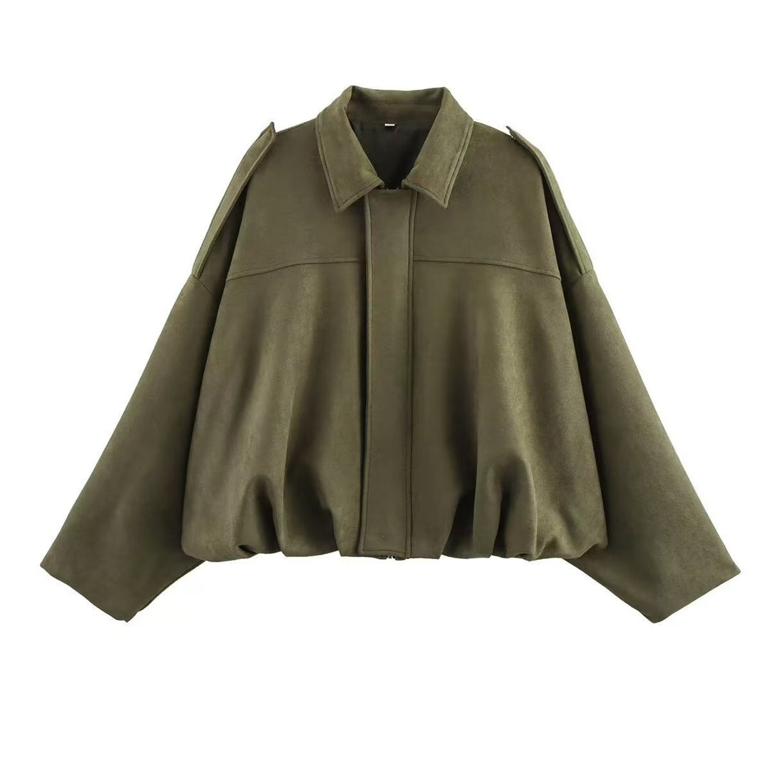 Women's Oversized Short Jacket with Balloon Hem, Shoulder Pads and Concealed Front Placket Mune Fashion