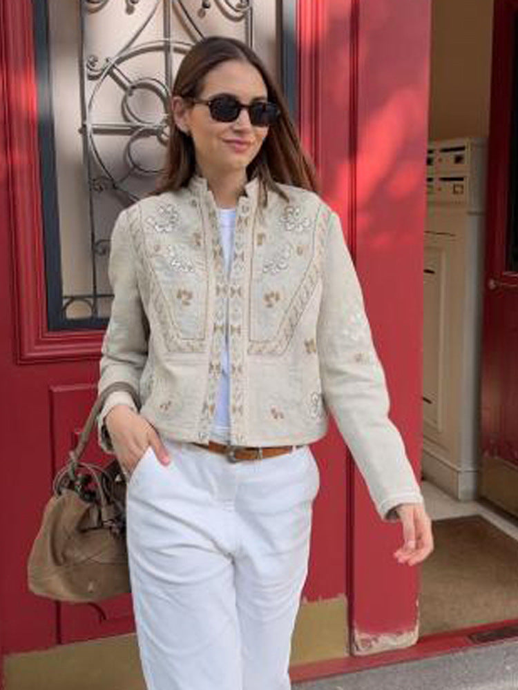 Women's short jacket made of linen blend with elaborate embroidery, stand collar, and tailored silhouette Mune Fashion