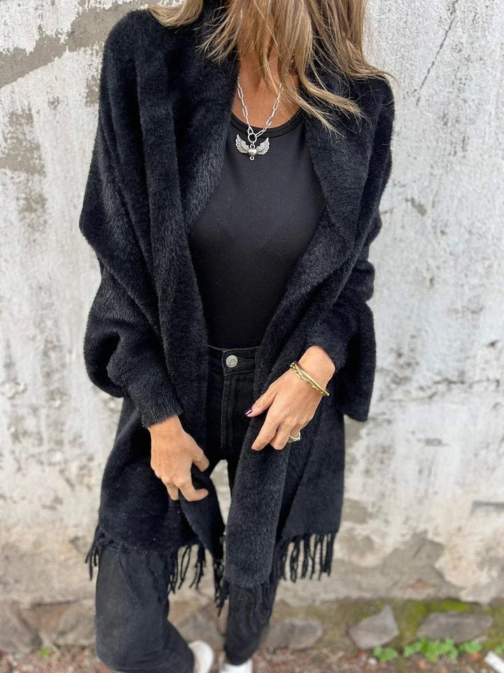 Women's longer cozy fringed cardigan with shawl collar and oversized fit Mune Fashion