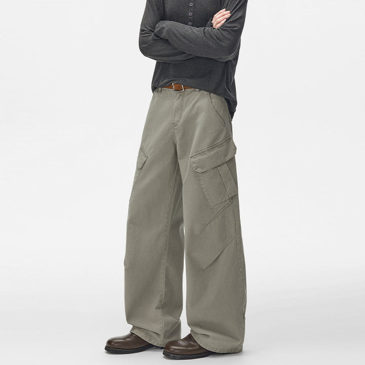 Men's Ultra Wide Cargo Twill Pants with High Waistline, Oversized Legs and Flap Pockets Mune Fashion