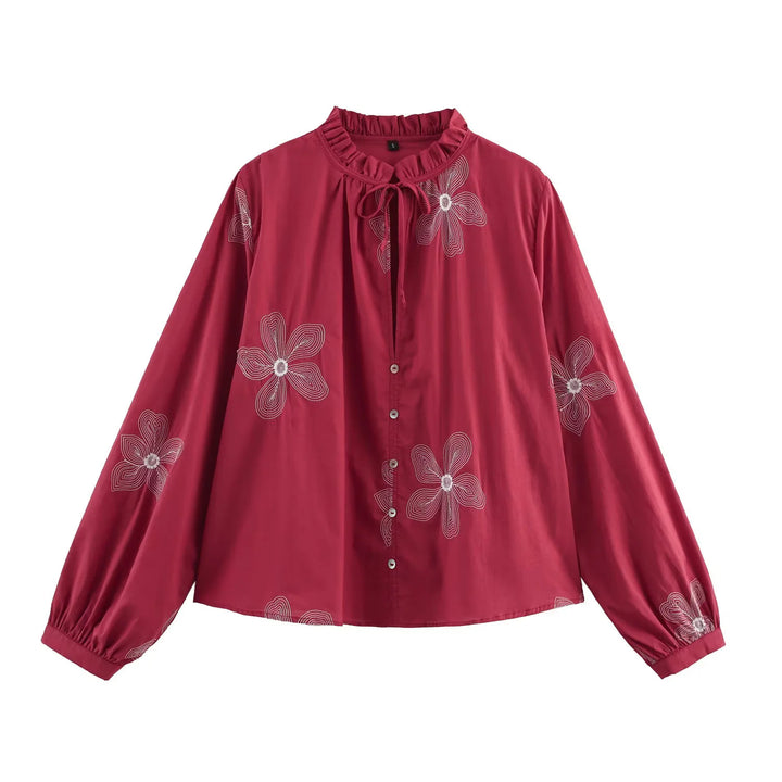 Women's embroidered loose shirt blouse with ruffle collar, tie front and balloon sleeves Mune Fashion