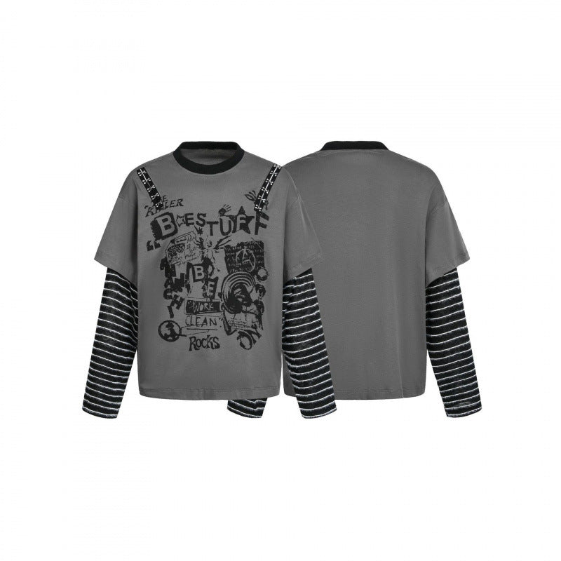 Women layered look long sleeve with graphic print, striped insert sleeves and decorative shoulder straps Mune Fashion