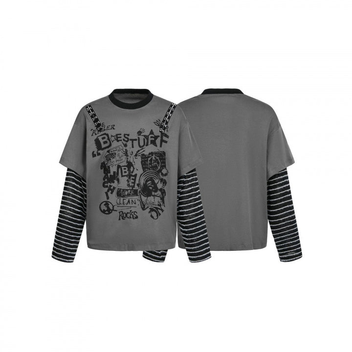 Women layered look long sleeve with graphic print, striped insert sleeves and decorative shoulder straps Mune Fashion