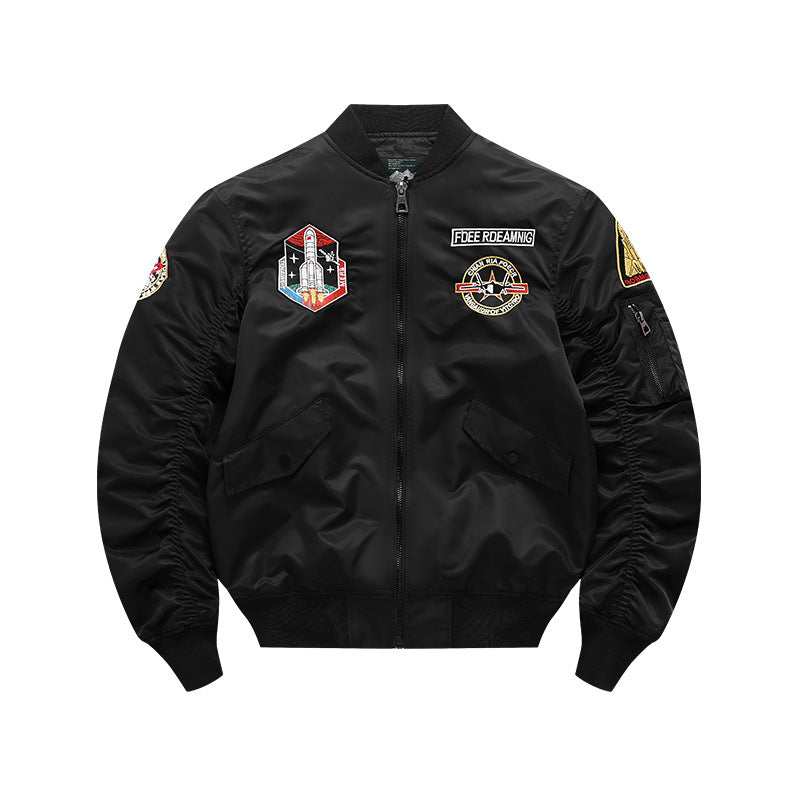Men's  vintage-inspired mission patch flight bomber with utility sleeve pocket Mune Fashion