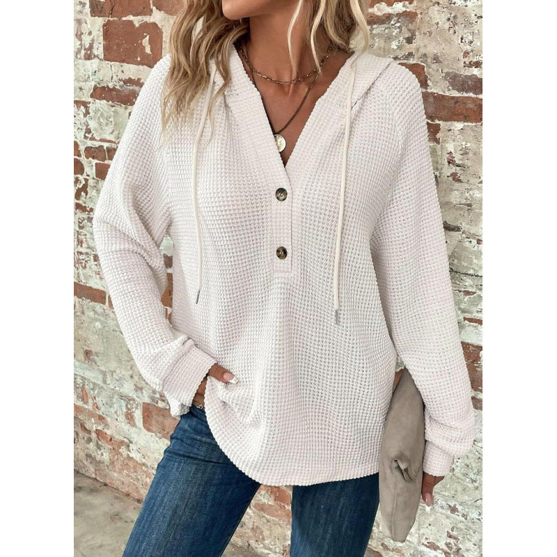 Women Waffle Knit Hoodie with Henley Button Placket and Oversized Cut Mune Fashion