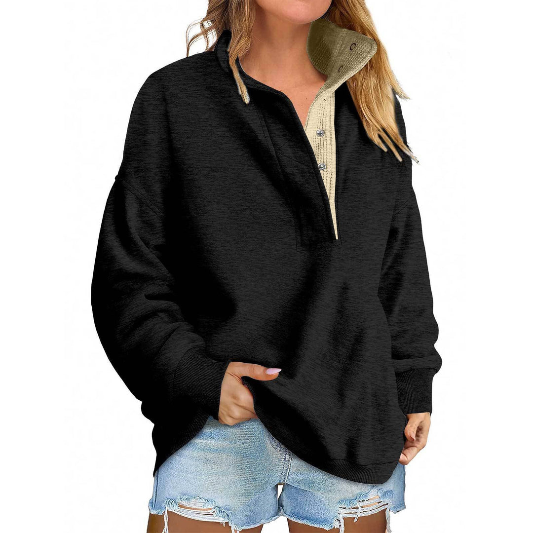 Women's Oversized Henley Sweatshirt with Stand-Up Collar and Snap Button Placket Mune Fashion