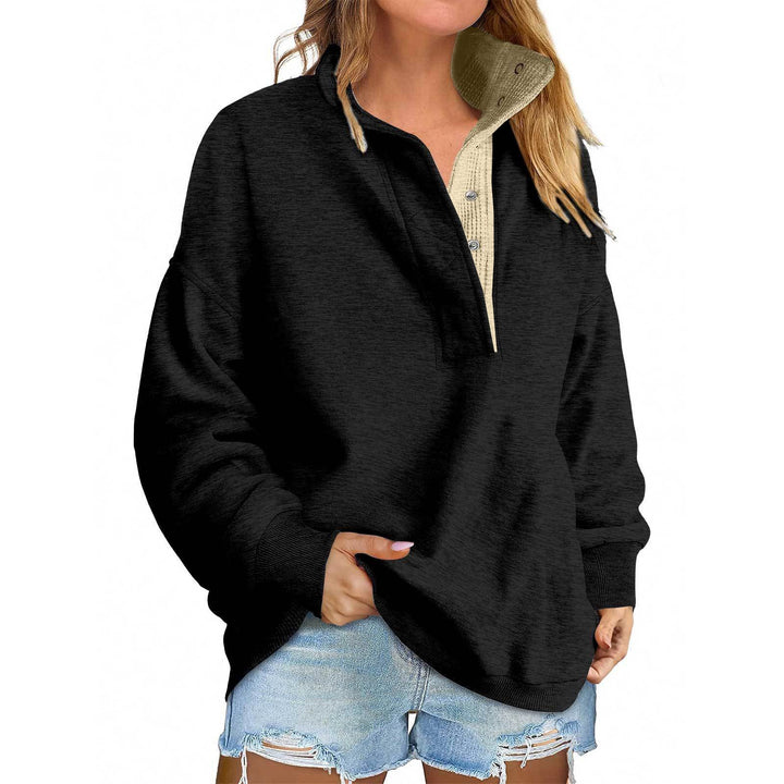 Women's Oversized Henley Sweatshirt with Stand-Up Collar and Snap Button Placket Mune Fashion