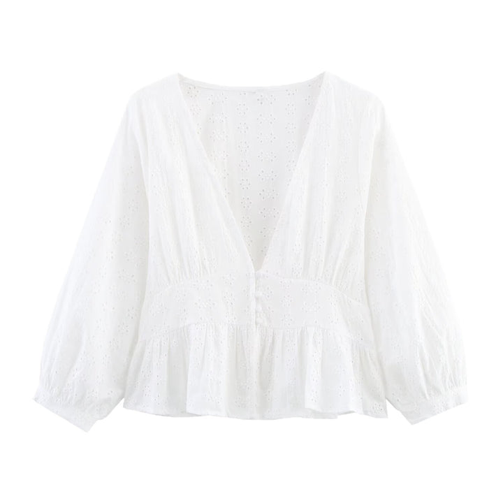 Women Soft Broderie-Anglaise Blouse with Deep V-Neck, Waist Seam and Ruffle Mune Fashion
