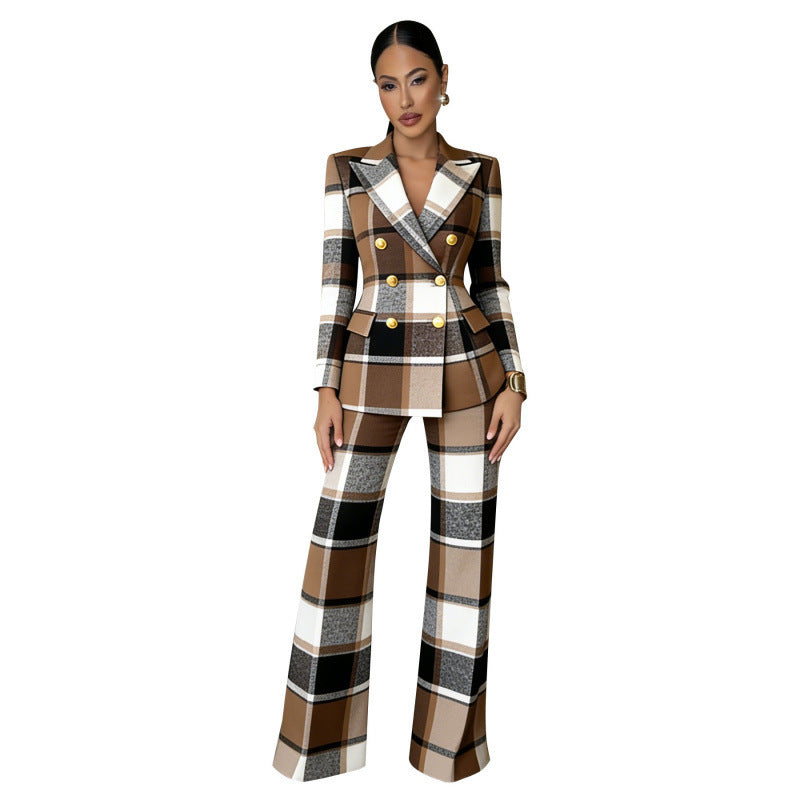 Women’s check suit in two-piece with tailored double-breasted and wide leg Mune Fashion
