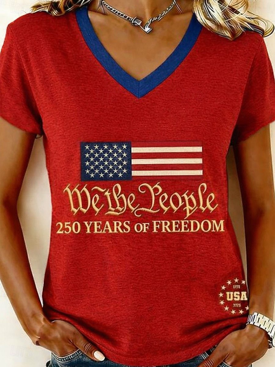 Women’s V-neck Retro Print T-shirt with Eagle Emblem and vintage-inspired Graphic Mune Fashion