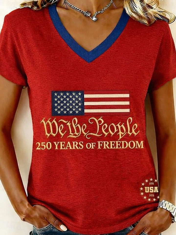 Women’s V-neck Retro Print T-shirt with Eagle Emblem and vintage-inspired Graphic Mune Fashion