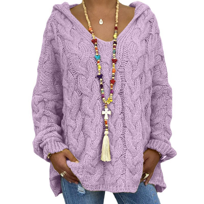 Women Oversized Cable Knit Sweater with Hood and Casual V-Neck Mune Fashion