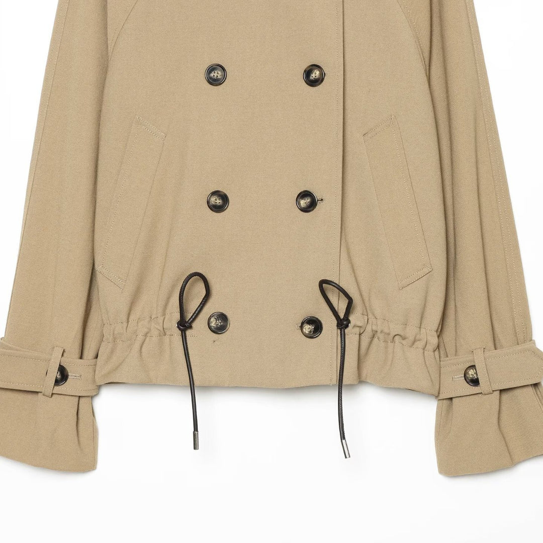 Women Cropped Trench Coat with High Funnel Collar, Raglan Sleeves and Drawstring Waistband Mune Fashion