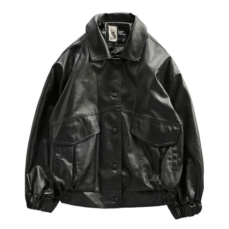 Men's Oversized Faux Leather Utility Jacket with Flap Pockets and Elastic Hem Mune Fashion